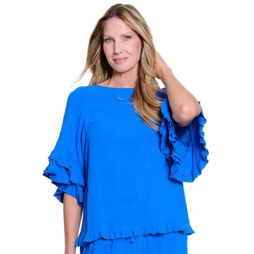Multiples Electric Blue linen-blend top with double flounce elbow sleeves and a fringe hem.