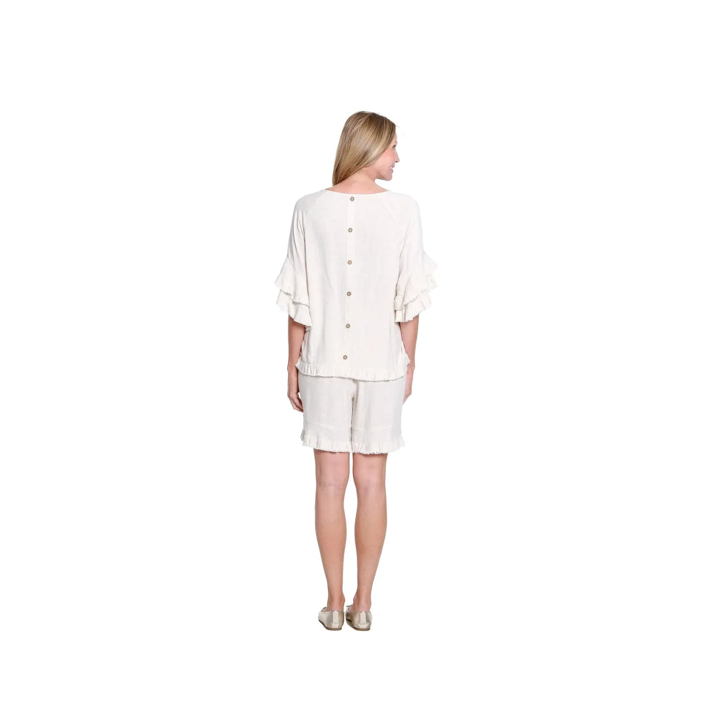 Multiples Textured Slub Top with Double Flounce Sleeves - Flax