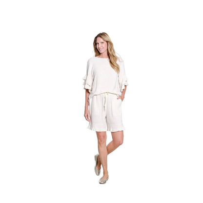 Multiples Textured Slub Top with Double Flounce Sleeves - Flax