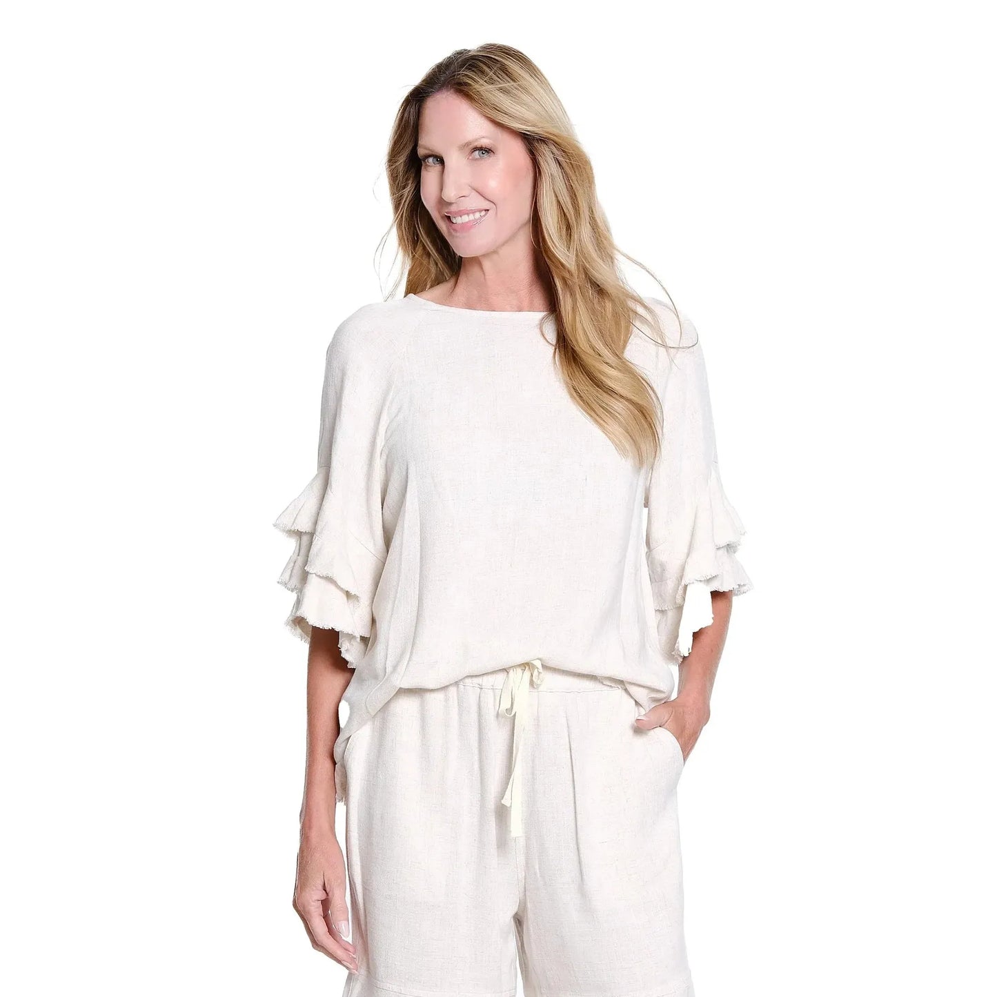 Multiples Textured Slub Top with Double Flounce Sleeves - Flax