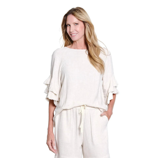 Multiples Textured Slub Top with Double Flounce Sleeves - Flax