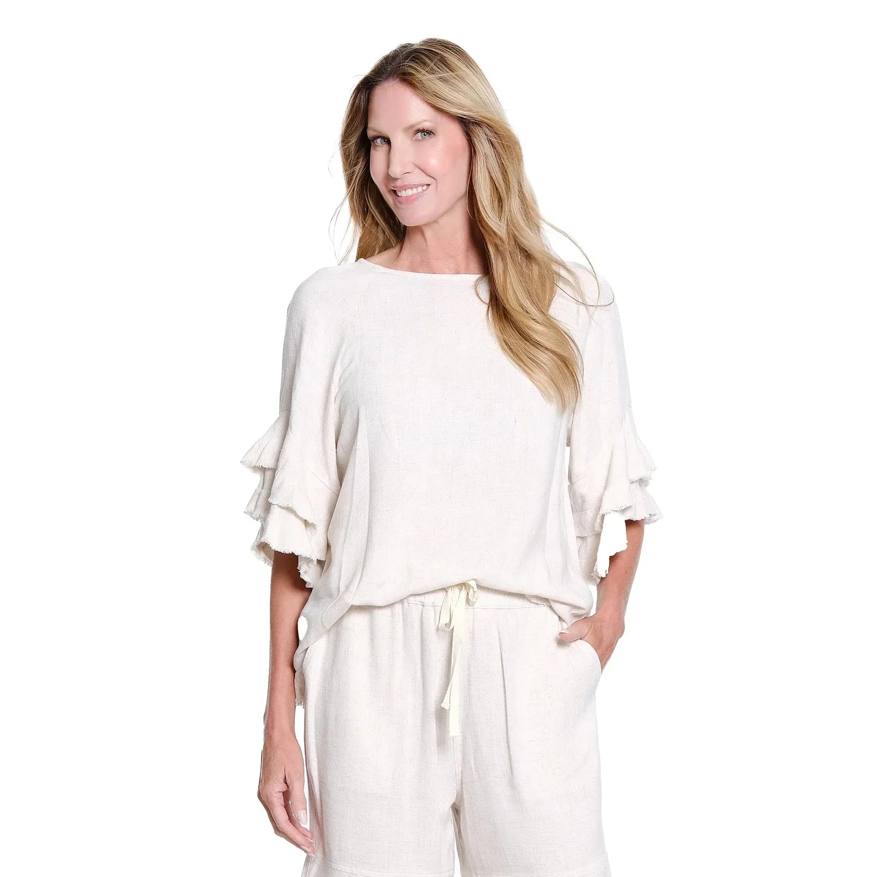 Women's neutral flax-colored textured slub top with layered flounce sleeves and a fringe hemline.