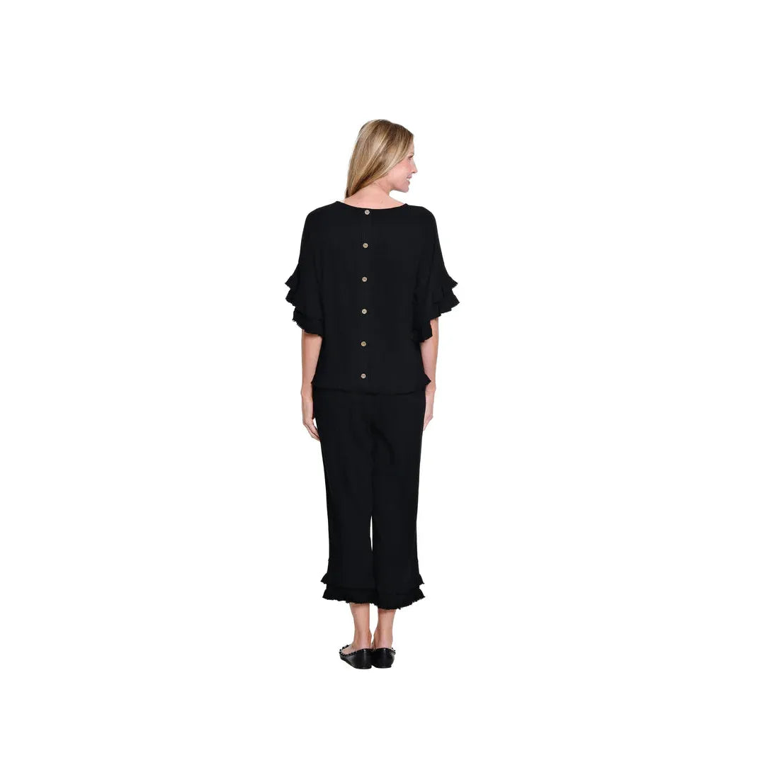 Multiples Textured Slub Crop Pant with Flounce Fringe Hem - Black