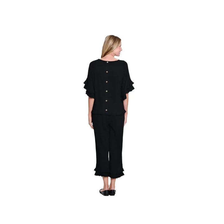 Multiples Textured Slub Crop Pant with Flounce Fringe Hem - Black