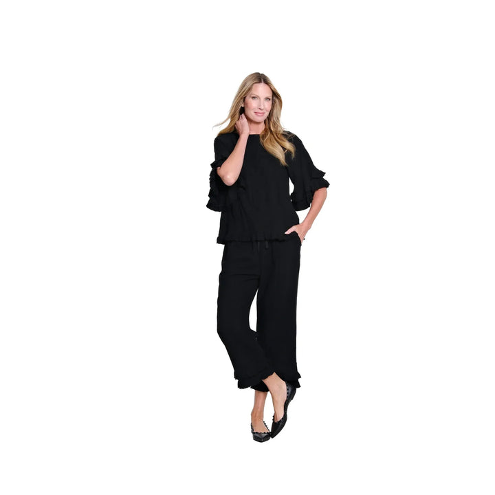 Multiples Textured Slub Crop Pant with Flounce Fringe Hem - Black