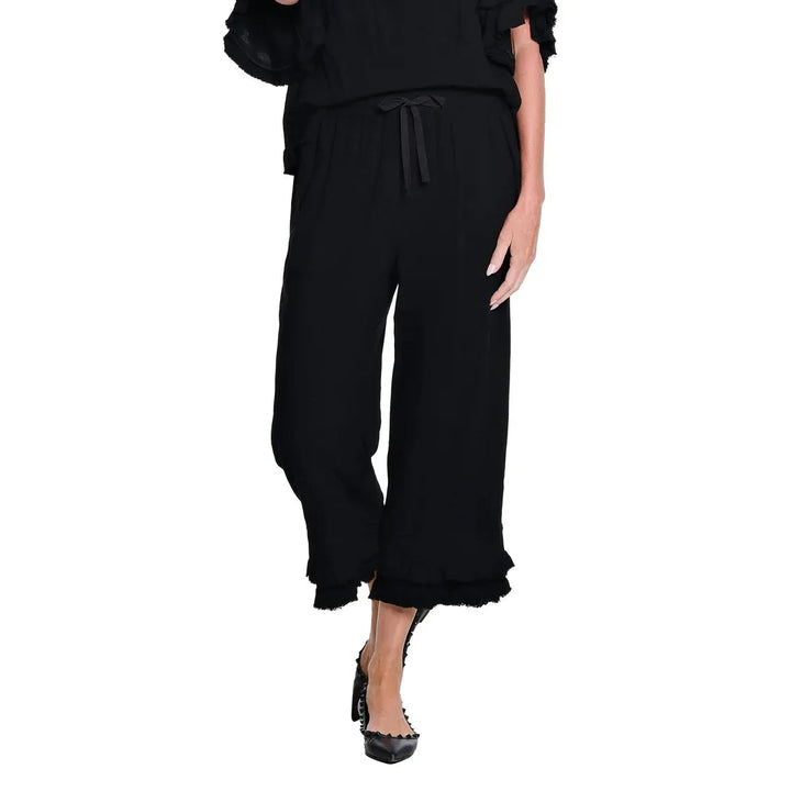 Multiples black textured slub crop pants featuring a double fringe flounce hem and drawstring waist.