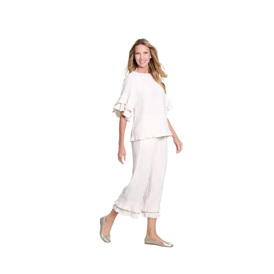 Textured Slub Crop Pant with Flounce Fringe Hem - Flax