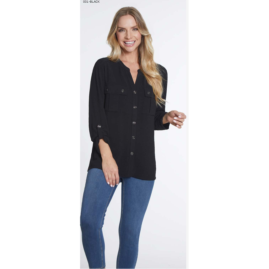 Multiples 3/4 Sleeve Button Front Shirt - Black