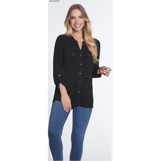 Multiples 3/4 Sleeve Button Front Shirt - Black