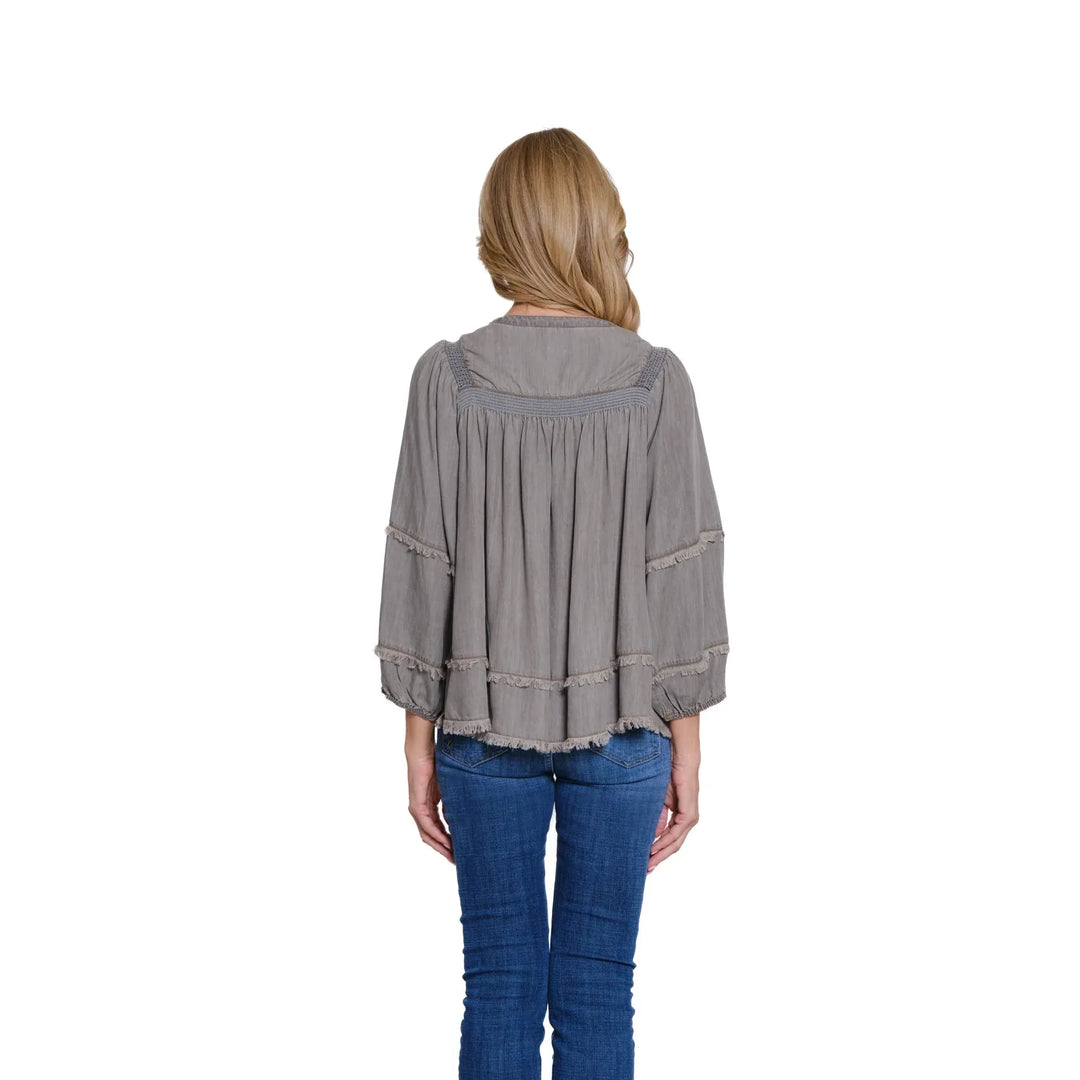 Embroidered Top with Shirring &amp; Fringe Trim - Medium Grey Denim