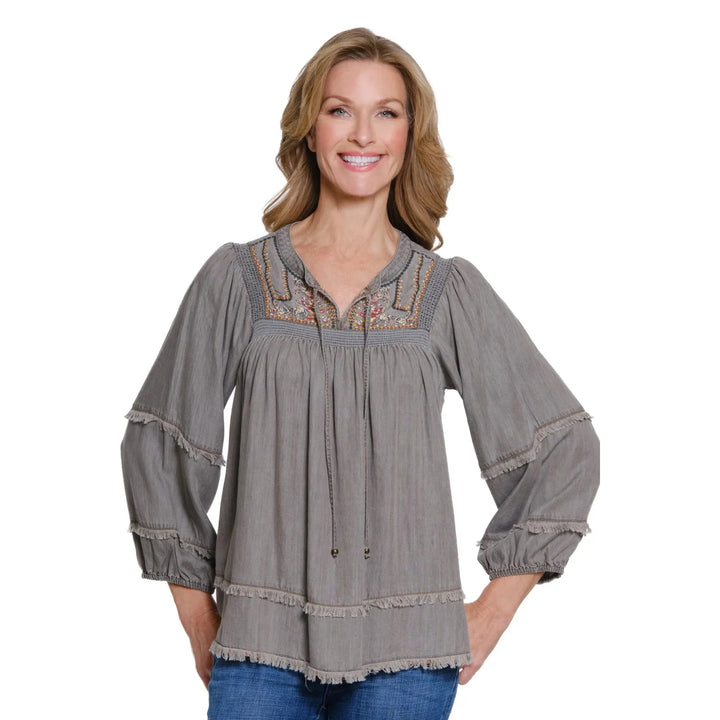 Embroidered Top with Shirring &amp; Fringe Trim - Medium Grey Denim