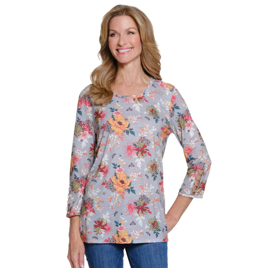Printed Knit Top with Lace Trim - Multi