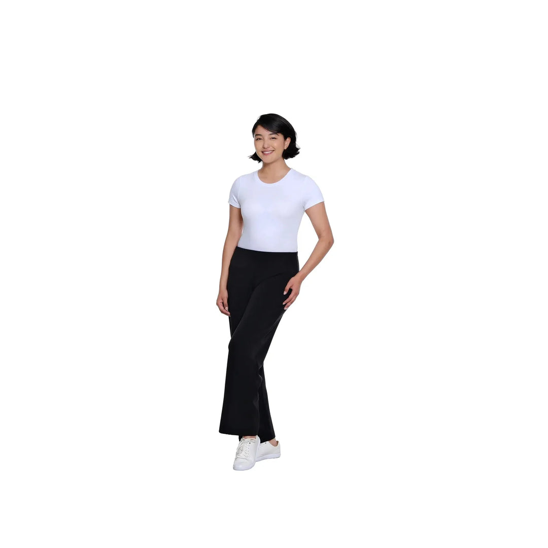 Multiples two-piece black knit set featuring a drop shoulder hi-low top and wide-leg ankle pants.