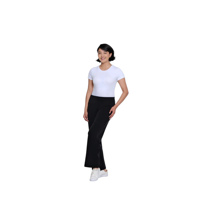 Multiples two-piece black knit set featuring a drop shoulder hi-low top and wide-leg ankle pants.