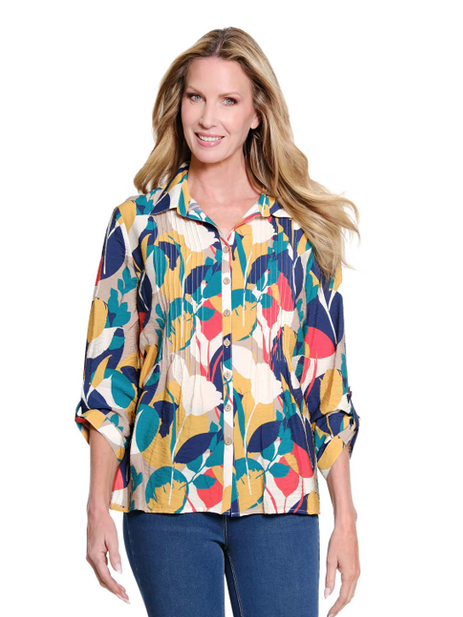 Multiples Cinched Tab Cuffed 3/4 Sleeve Multi-Tuck Button Front Top in Circuit Multi geometric print showcasing its flattering front pleats.