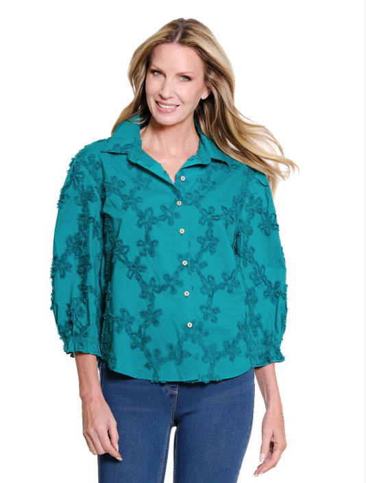 Multiples 3/4 Puff Sleeve Button Front Hi-Lo Top