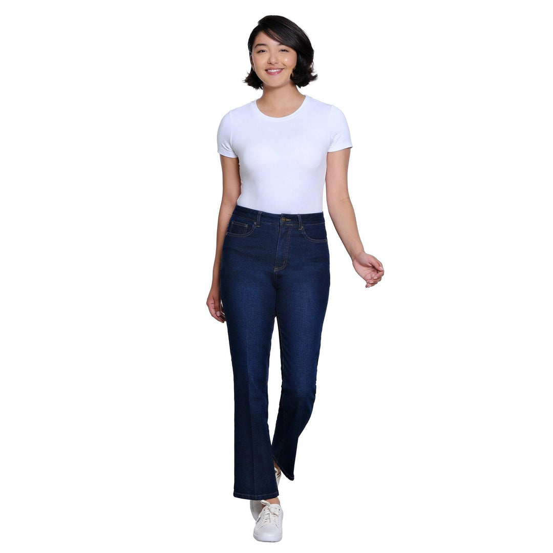 Multiples Boot Cut Woven Ankle Jean in mid indigo featuring a 5-pocket design and a flattering boot cut silhouette.