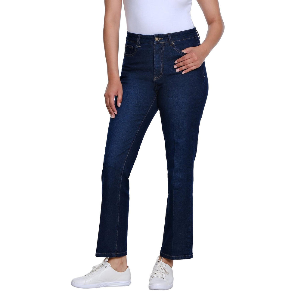 Multiples Boot Cut Woven Ankle Jean in mid indigo featuring a 5-pocket design and a flattering boot cut silhouette.