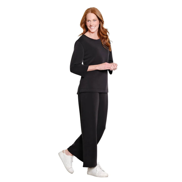 Multiples 3/4 Sleeve Drop Shoulder Wide Neck Hi-Low Knit Top &amp; Pant Set | Black