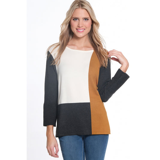 3/4 Sleeve Jewel Neck Color Block Sweater Top