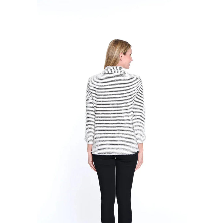 Shirred Collar Rib Knit Top - Winter White Stripe