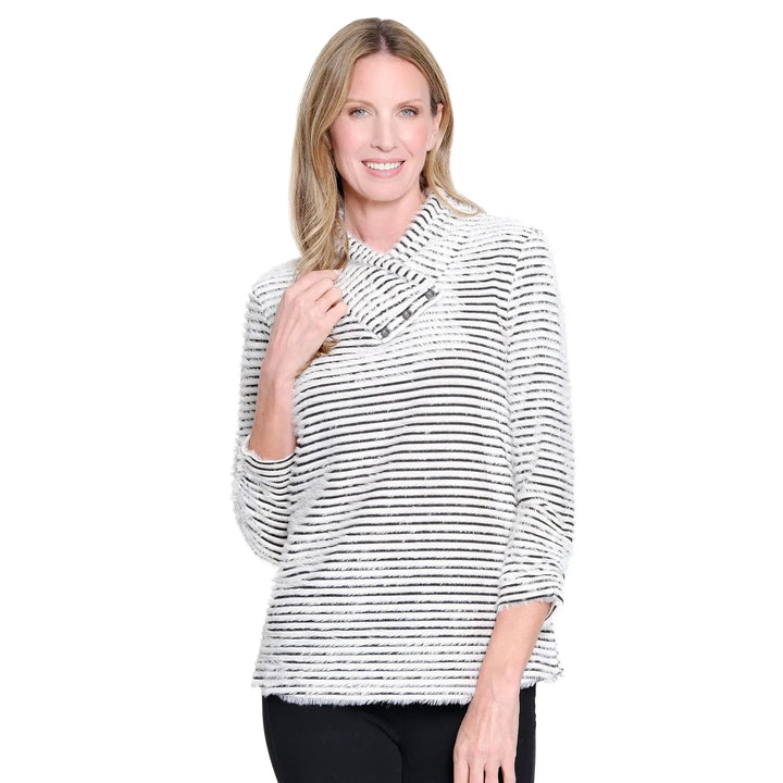 Shirred Collar Rib Knit Top - Winter White Stripe
