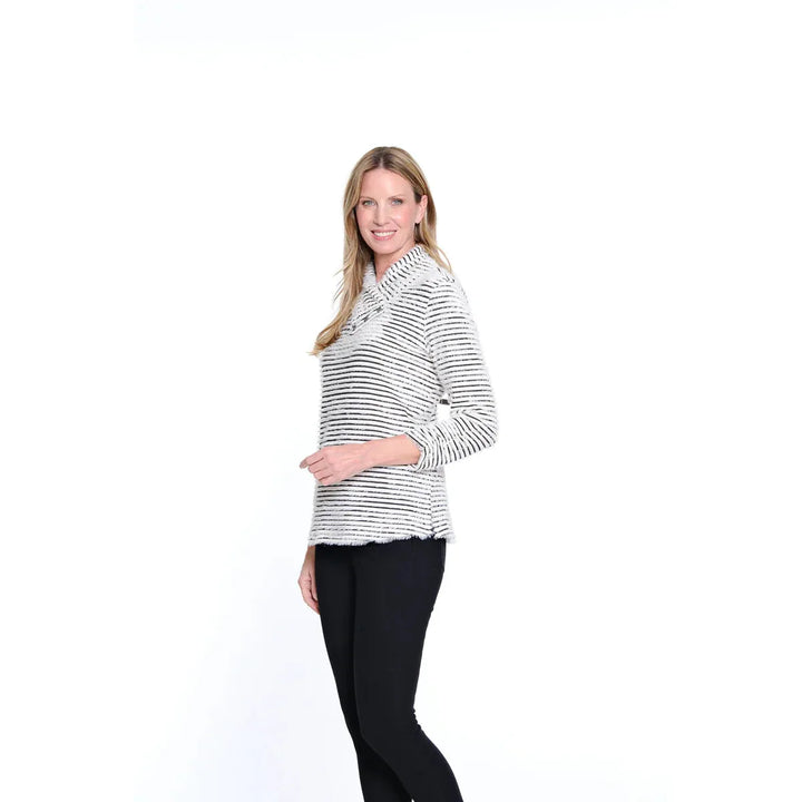 Shirred Collar Rib Knit Top - Winter White Stripe