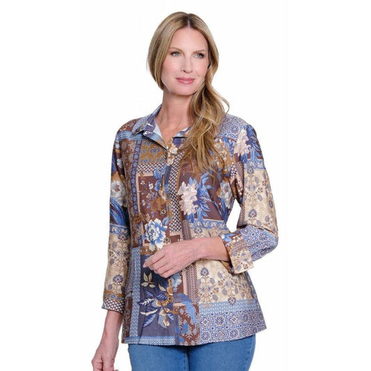 Turn-Up Cuff 3/4 Sleeve Button Front Shirt - Chocolate Angel