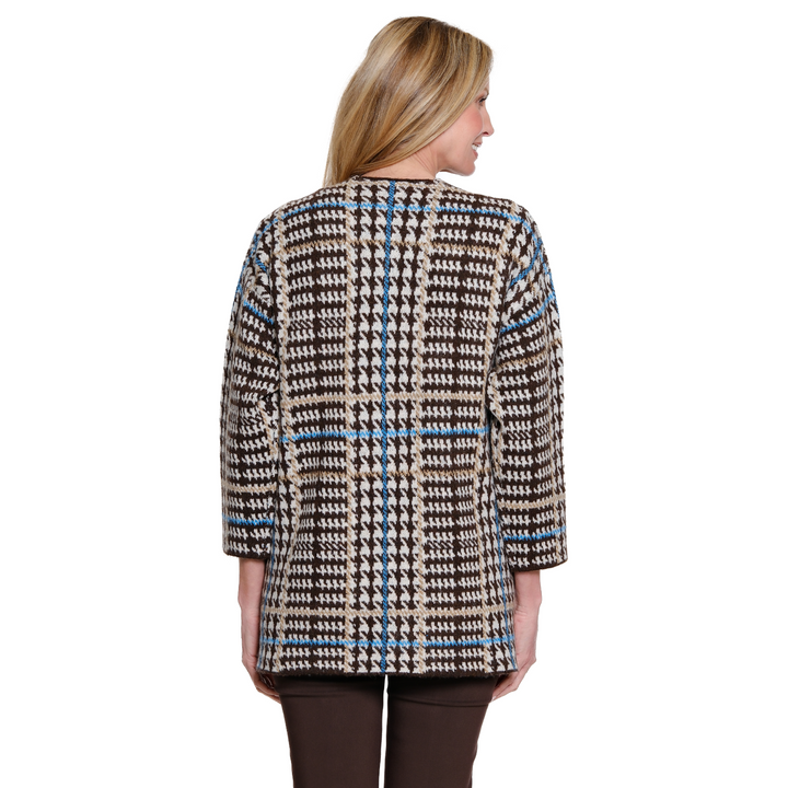 Back view of the Multiples plaid open-front cardigan showcasing the hip-grazing length and sweater-knit fabric.