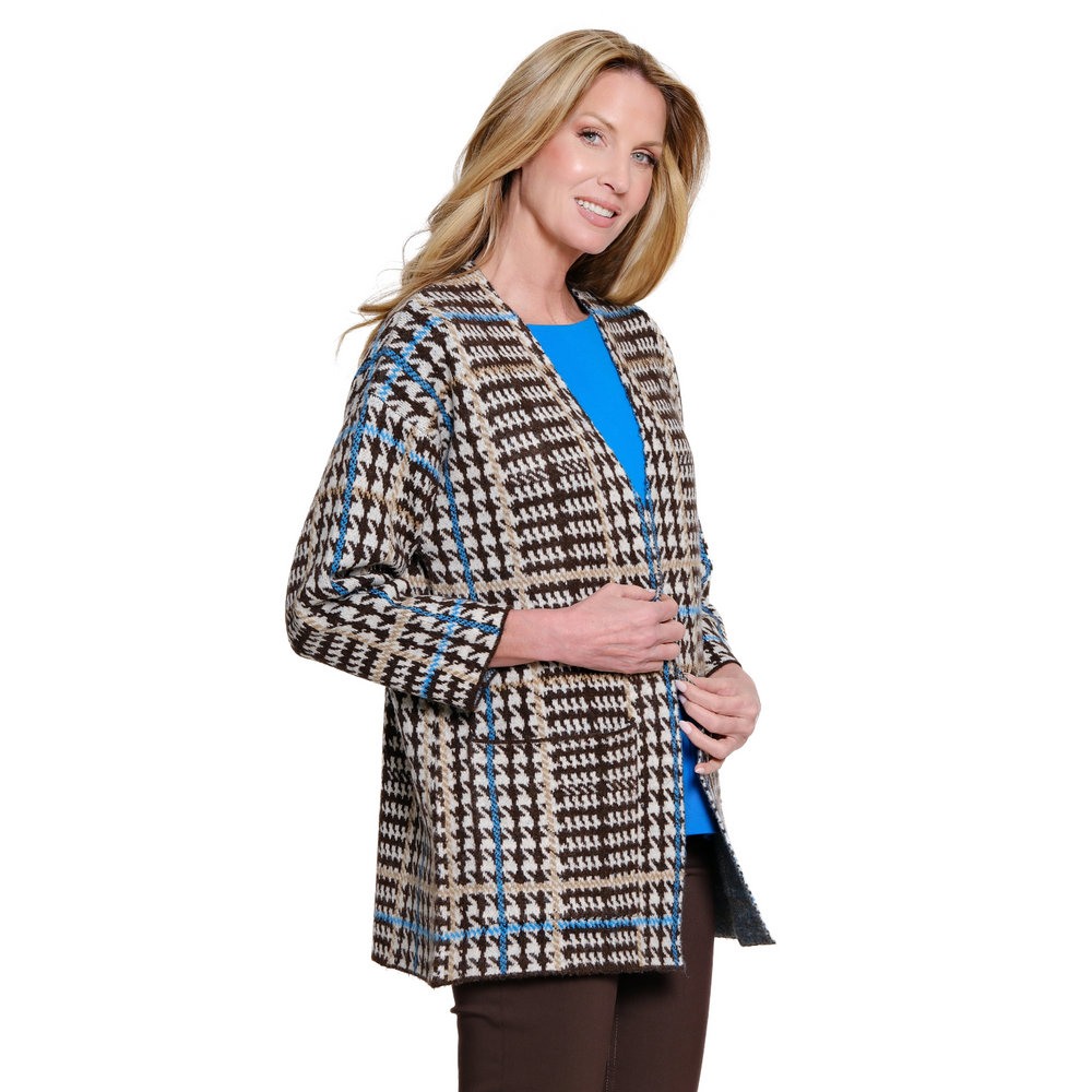 Styled outfit view of the Multiples relaxed fit plaid sweater cardigan with dropped shoulders and front pockets.