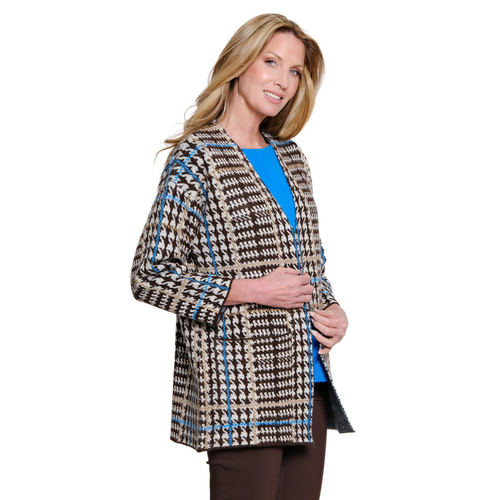 Styled outfit view of the Multiples relaxed fit plaid sweater cardigan with dropped shoulders and front pockets.
