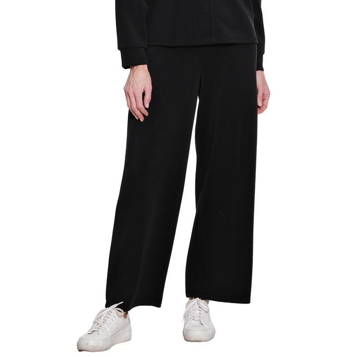 Multiples 2-piece matching set in black, featuring a zip mock neck top and wide-leg pull-on pants.