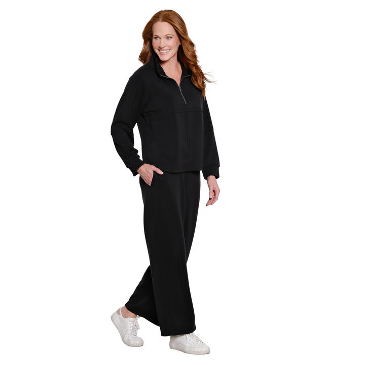Multiples 2-piece matching set in black, featuring a zip mock neck top and wide-leg pull-on pants.