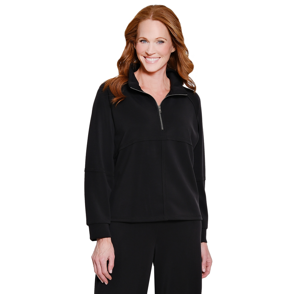 Multiples 2-piece matching set in black, featuring a zip mock neck top and wide-leg pull-on pants.