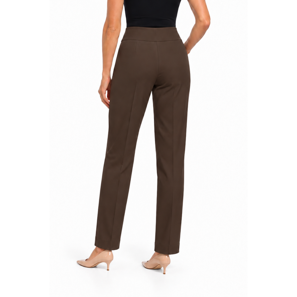 Multiples women's ease-y-fit wide band ankle pant in deep brown - styled outfit view