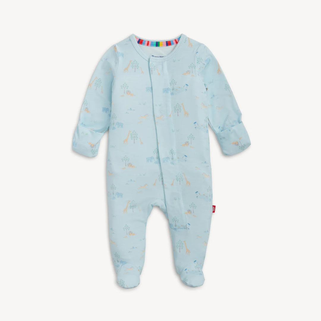 The back of the Magnetic Me Blue Serene Safari footie showcasing the full-body animal print and the high-quality stitching of the infant sleeper.