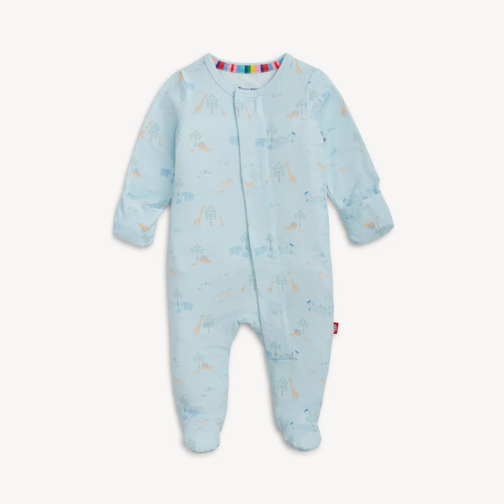 The back of the Magnetic Me Blue Serene Safari footie showcasing the full-body animal print and the high-quality stitching of the infant sleeper.
