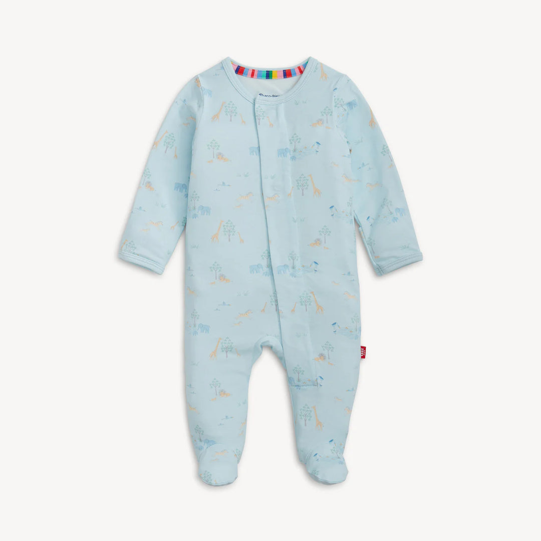 Magnetic Me Blue Serene Safari Modal Magnetic Footie featuring a light blue fabric with a colorful tossed animal print including lions, zebras, and giraffes