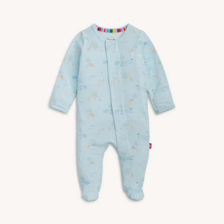 Magnetic Me Blue Serene Safari Modal Magnetic Footie featuring a light blue fabric with a colorful tossed animal print including lions, zebras, and giraffes