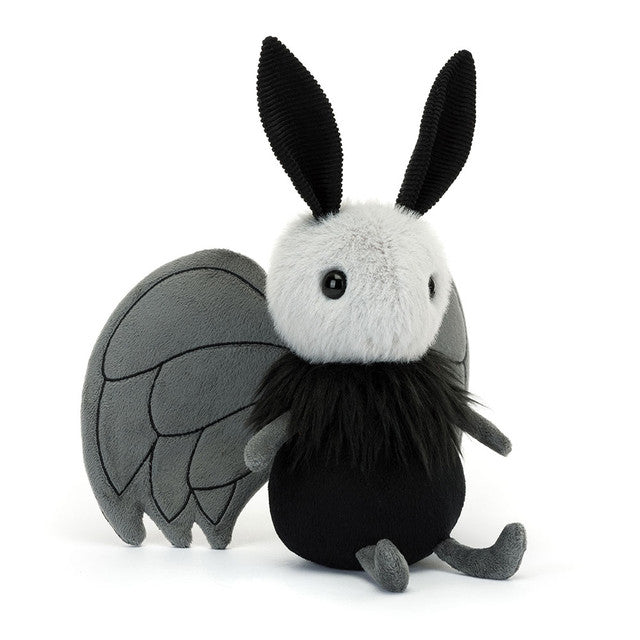 Silky black Jellycat Miff Mothman plush with embroidered grey wings and a fuzzy head.