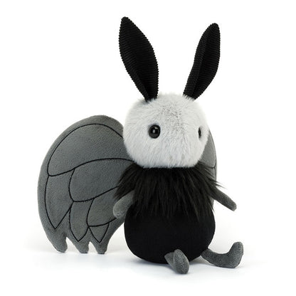 Silky black Jellycat Miff Mothman plush with embroidered grey wings and a fuzzy head.