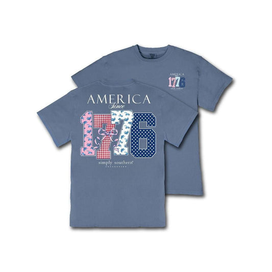 Simply Southern America Since 1776 T-Shirt in Overcast Blue mineral wash featuring a patriotic patterned 1776 graphic.