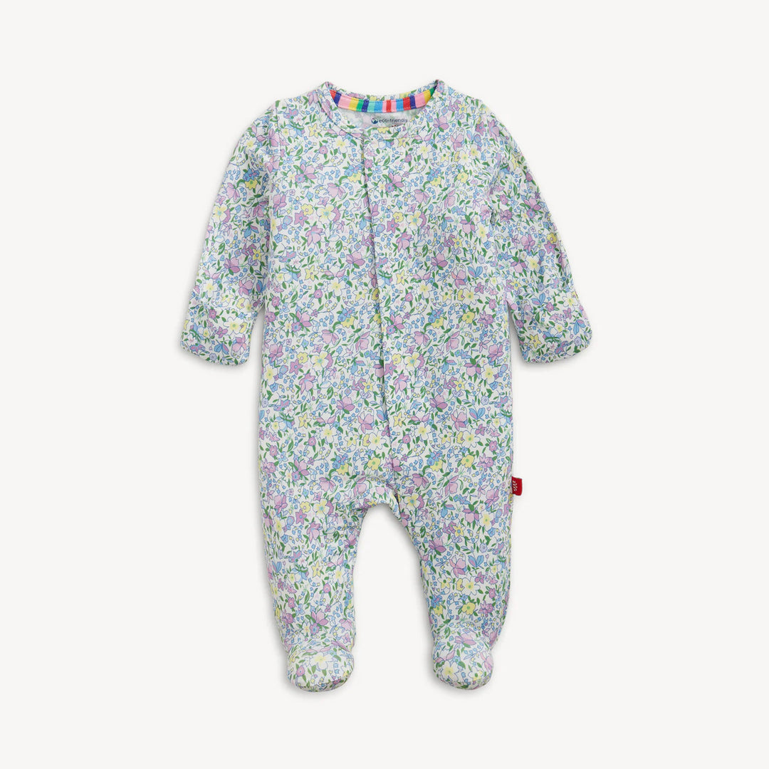Magnetic Me Lavinia Modal Magnetic Footie featuring a pink and green floral print on a soft white background.