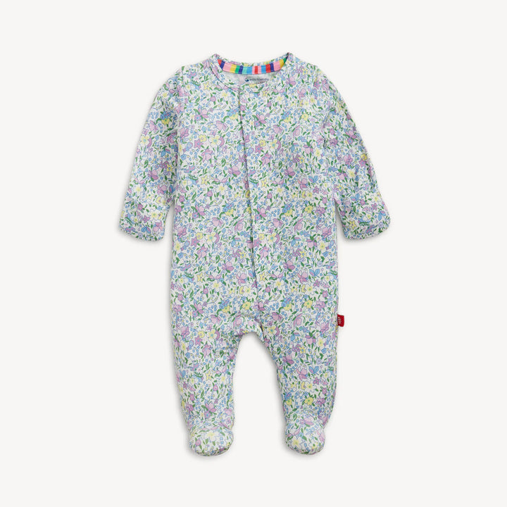Magnetic Me Lavinia Modal Magnetic Footie featuring a pink and green floral print on a soft white background.