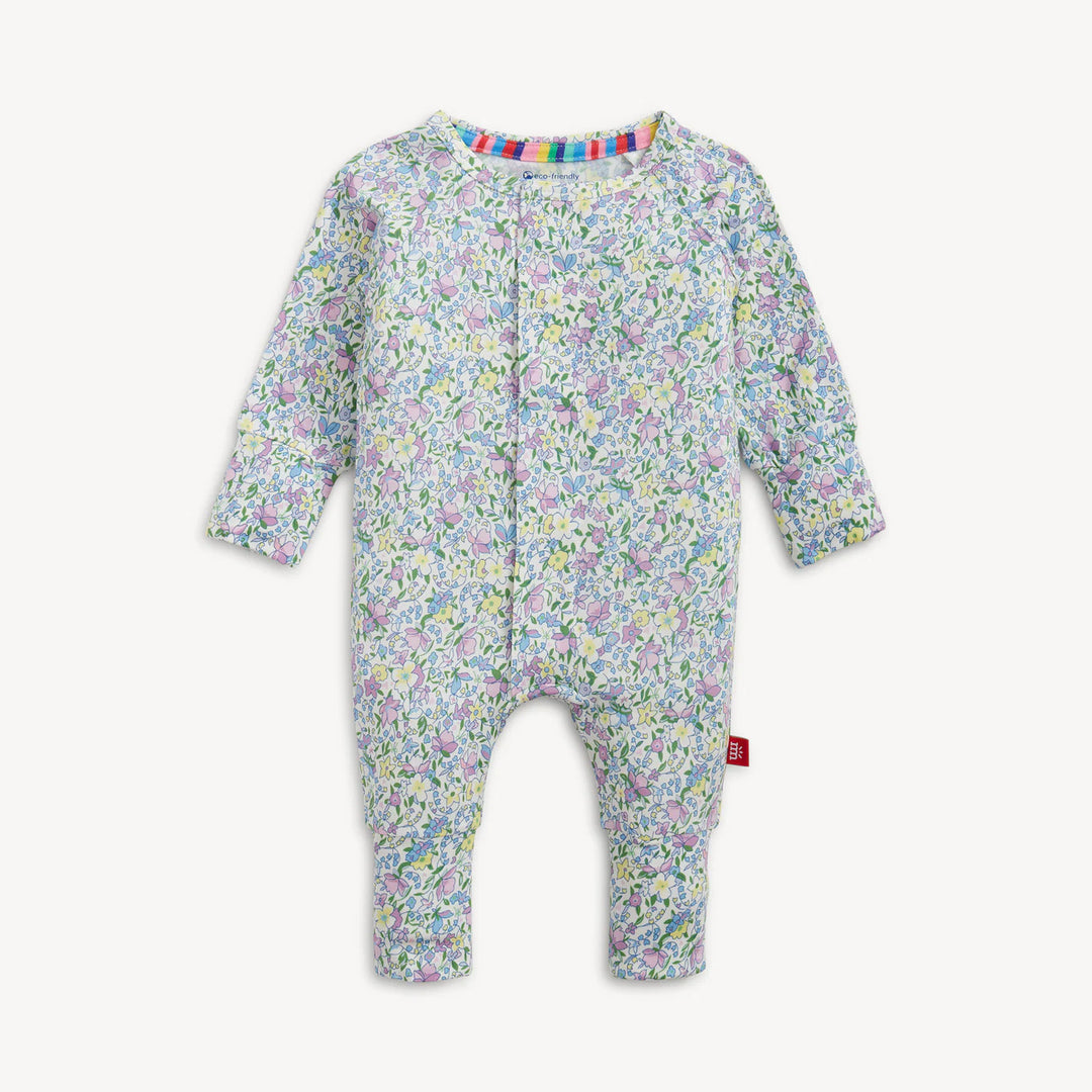 Magnetic Me Lavinia Modal Convertible Coverall featuring a pink floral print and fold-over footie cuffs.
