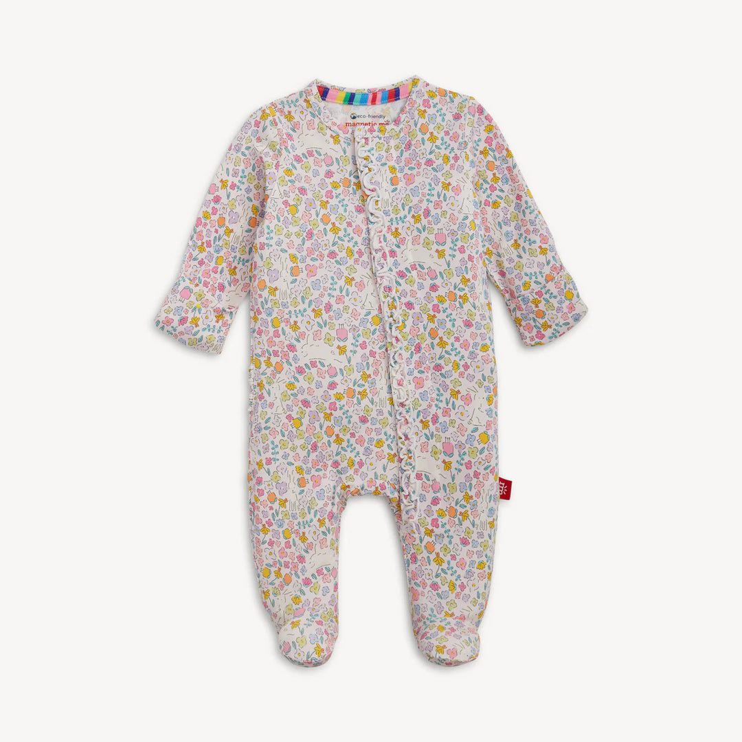 Magnetic Me Bunny Blossom Modal Magnetic Footie featuring a pink floral bunny print on a soft white background.