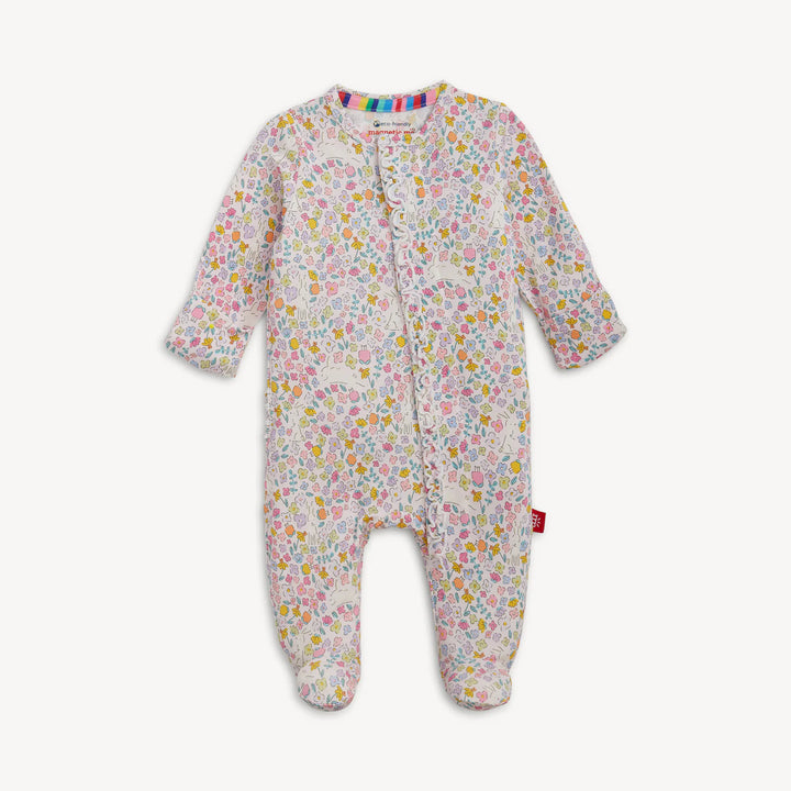 Magnetic Me Bunny Blossom Modal Magnetic Footie featuring a pink floral bunny print on a soft white background.