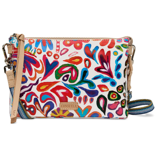 Consuela Bianca Midtown Crossbody bag with vibrant floral pattern; adjustable strap and durable ConsuelaCloth™ material.