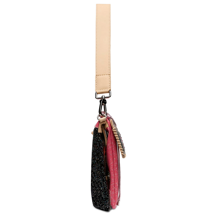 Consuela Bae Metro Crossbody side view glitter exterior black leather trim women&