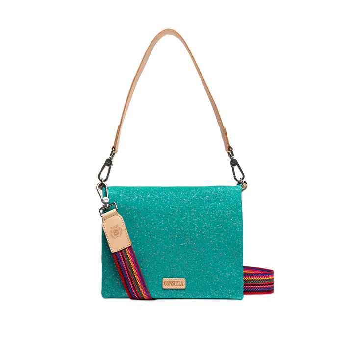 Consuela Shay Metro Crossbody front view of sparkling teal bag with rainbow accent strap